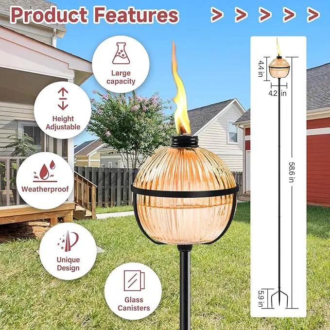 Citronella Torches Set of 4, 16 oz Glass Garden Torches for Outside, 3-Prong Grounded Stake Outdoor Torches, 58.6 inch Outdoor Torch for Yard, Patio, Deck, Party by GreenHaven Gardens