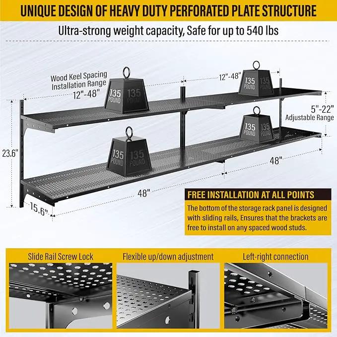 2-Pack 2 Tier 1.3x4ft Garage Shelving Wall Mounted, 800 lbs Load Capacity，15.6x48inch per Shelf Height Cassette Adjustable Floating Shelves(Black) by GreenHaven Gardens
