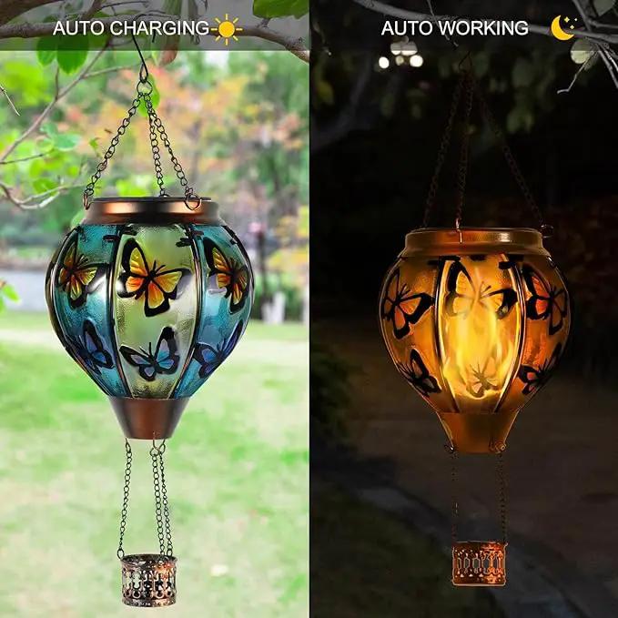 pearlstar Hot Air Balloon Solar Lantern with Flickering Flame Light Outdoor Solar Hanging Lights Waterproof for Garden Yard Farmhouse Patio Pathway Outside Decoration,Glass(Butterfly) by GreenHaven Gardens