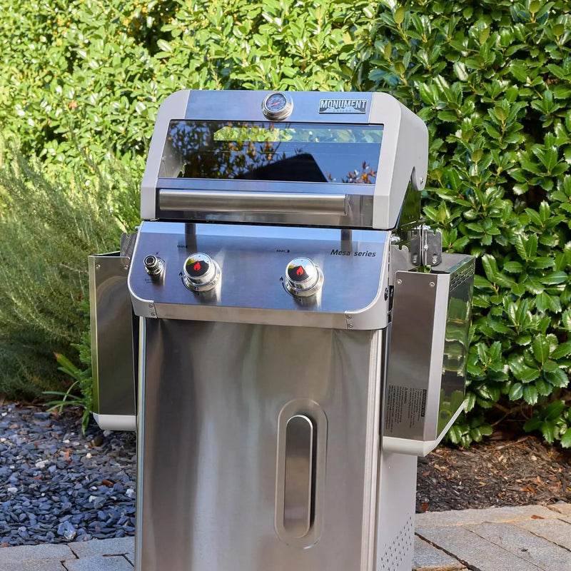 Monument Grills 2-Burner Stainless Steel Liquid Propane Gas Grill, Two Foldable Shelves Patio Garden Barbecue Grill with Clearview® Lid, Knob Control, Mesa200S with BBQ Cover by GreenHaven Gardens