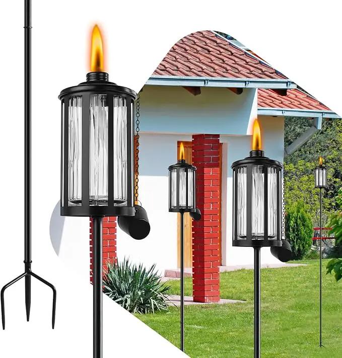4 Pack Glass Citronella Torches, 16 oz Garden Torches for Outside with 3-Prong Grounded Stake, 55 inch Outdoor Clear Glass Flame Light Torch for Yard, Patio, Deck, Garden, Party, Landscape by GreenHaven Gardens