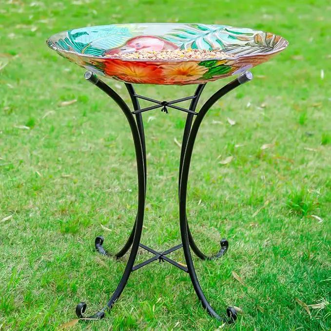 VCUTEKA 18" Outdoor Glass Birdbath with Sturdy Metal Stand for Lawn, Yard, or Garden Decor Bird Lovers Gift, Flamingo Bird Bath Detachable, 22" Height by GreenHaven Gardens