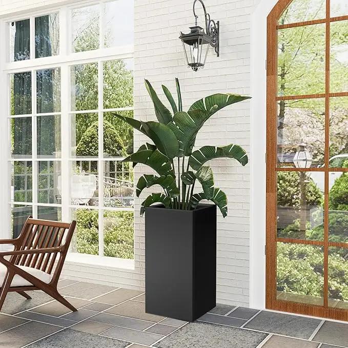 Tall Metal Cube Planter for Outdoor Plants 15" L x 15" W x 30" H 2 Pack, Heavy Duty Steel Planter Box with Removable Insert Shelf, Rectangular Planters for Porch, Garden, Yard, Hotel (Black) by GreenHaven Gardens