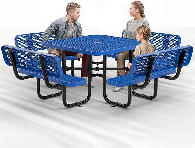 Metal Picnic Tables for Outdoors with Umbrella Hole - Coated Steel Heavy Duty Commercial Grade Table with Adjustable Seats (Blue, 46 in, Square with Back, Expanded Steel) by GreenHaven Gardens
