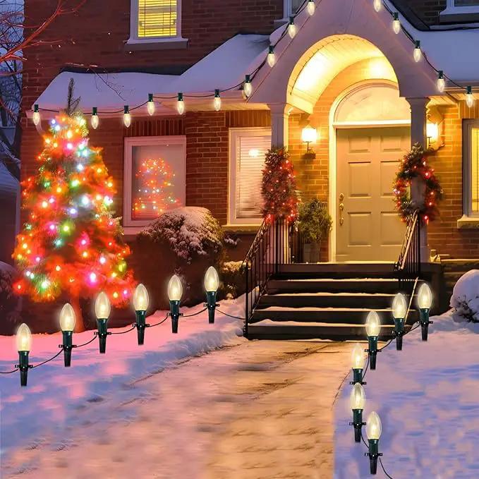 C9 Christmas Pathway Lights Outdoor, 38Ft 25 C9 Incandescent Warm White Pathway Marker Stakes Waterproof for Walkway Lawn Sidewalk Driveway Holiday by GreenHaven Gardens