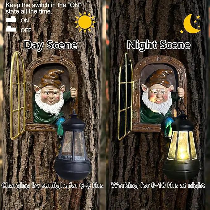 Fairy Garden Statues Gnomes Solar Lantern - Whimsical Elf Out The Door Tree Hugger Figurines Fence Wall Yard Art Home Decor Outdoor Tree Face Sculpture, Ideal Birthday Housewarming Decorations Gifts by GreenHaven Gardens