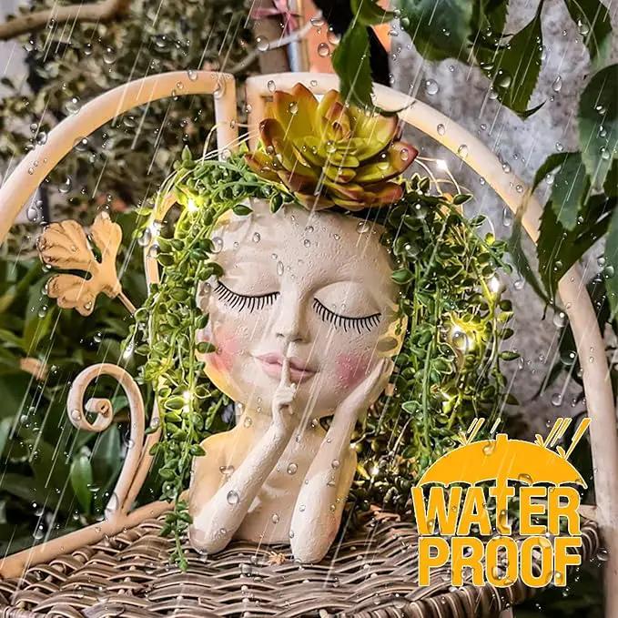 Solar Face Flower Pot,Head Planter Pot,with Led String Lights Succulent Planter Light,Warterproof Resin Cactus Planters,Cute Closed Eyes Lady Face Planter,for Indoor Outdoor Plant Garden Decor (Large) by GreenHaven Gardens