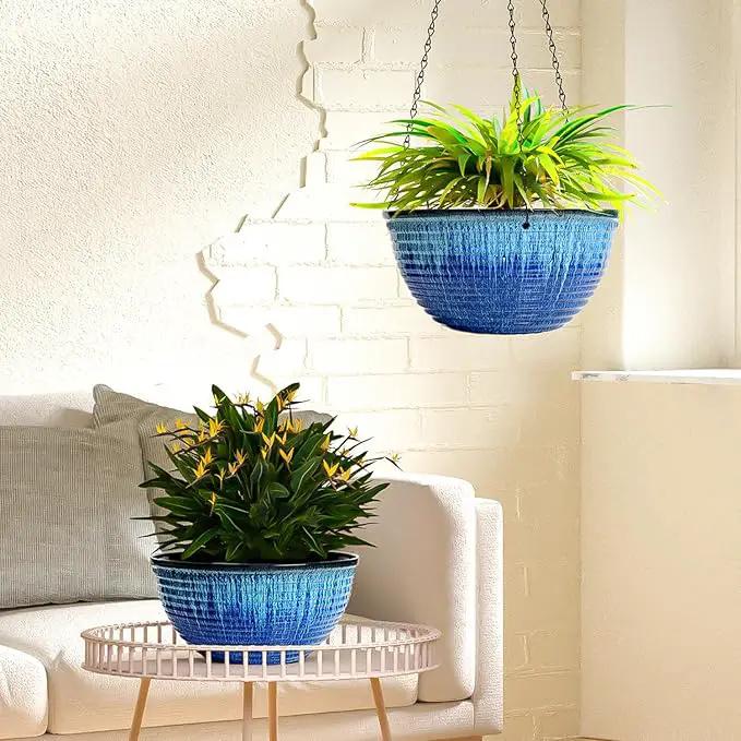 2 Pack Hanging Planters for Indoor Outdoor Plants, 10 Inch Hanging Planter with Drainage Hole & Plug Glazed Hanging Baskets Flower Pots for Garden Home (Blue Flow Glaze) by GreenHaven Gardens