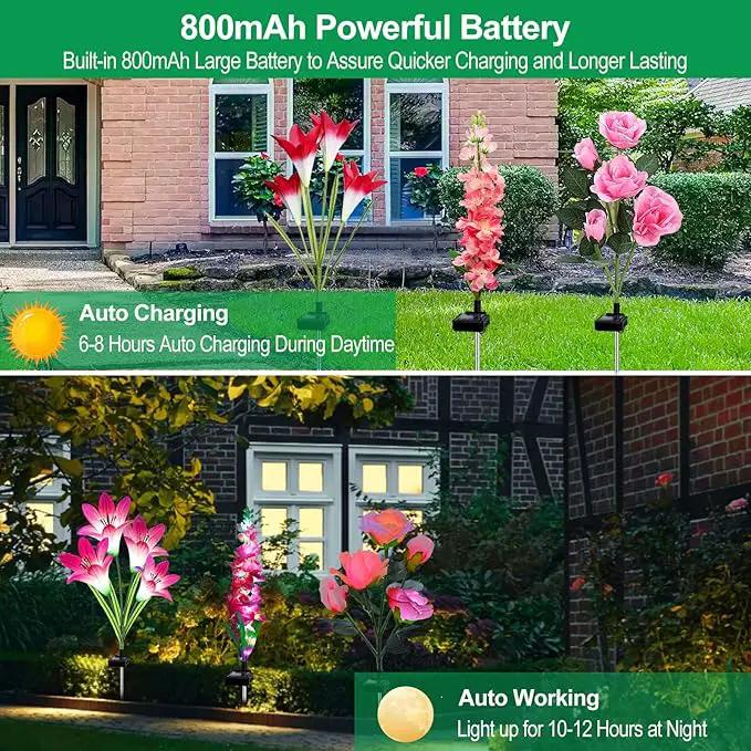 Solar Garden Lights - 6 Pack Solar Flowers with Lily Rose Delphinium, Waterproof Gardening Gifts for Mom, Grandma, Women - Multi-Color Changing Outdoor Lights for Garden, Yard, Patio, Lawn by GreenHaven Gardens