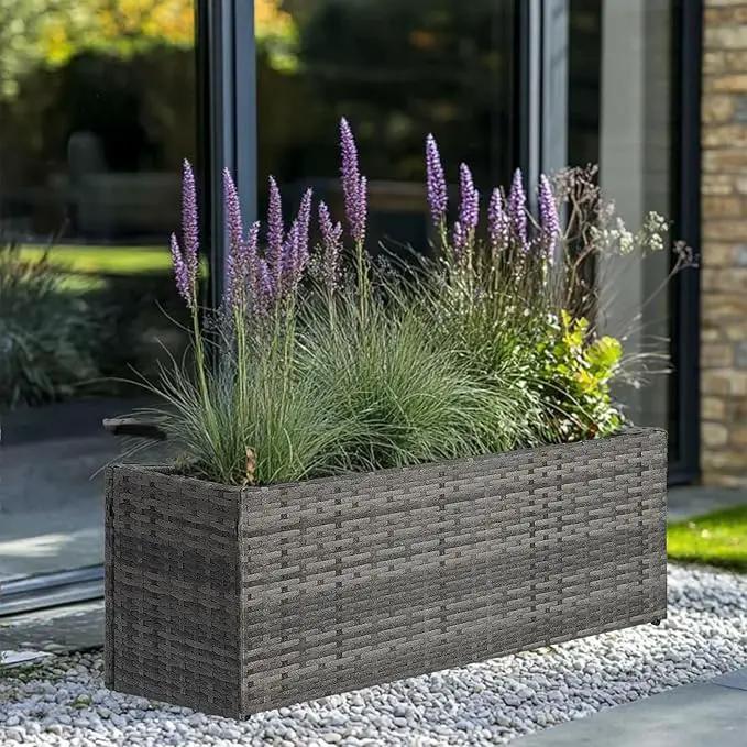 LEWIS&WAYNE Large Rectangular Block Planter Box Handmade Wicker Tall Planters for Outdoor Plants with Removable Liners Modern Planter for Indoor Outdoor Patio Deck - Gray, 30''x12''x16'' by GreenHaven Gardens