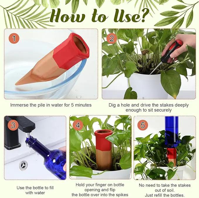 6 Sets Plant Watering Devices Include Terracotta Self Watering Spikes and 26 oz Plastic Bottles, Slow Release Vacation Insert Automatic Plant Waterer Device (Blue and Mixed Color) by GreenHaven Gardens