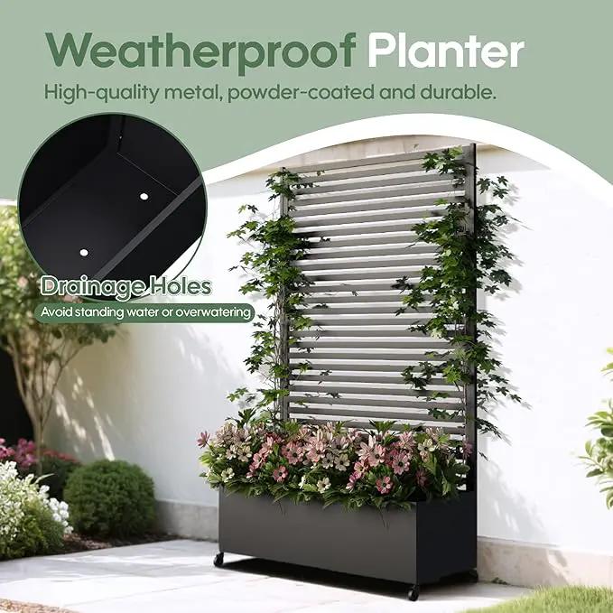 Metal Planter Box with Trellis Privacy Screen, Raised Garden Bed with Trellis & Wheels, Privacy Planters for Patio, Planter Box with Drainage Holes for Climbing Plants, Flower, 73"x 47"x 16", Black by GreenHaven Gardens