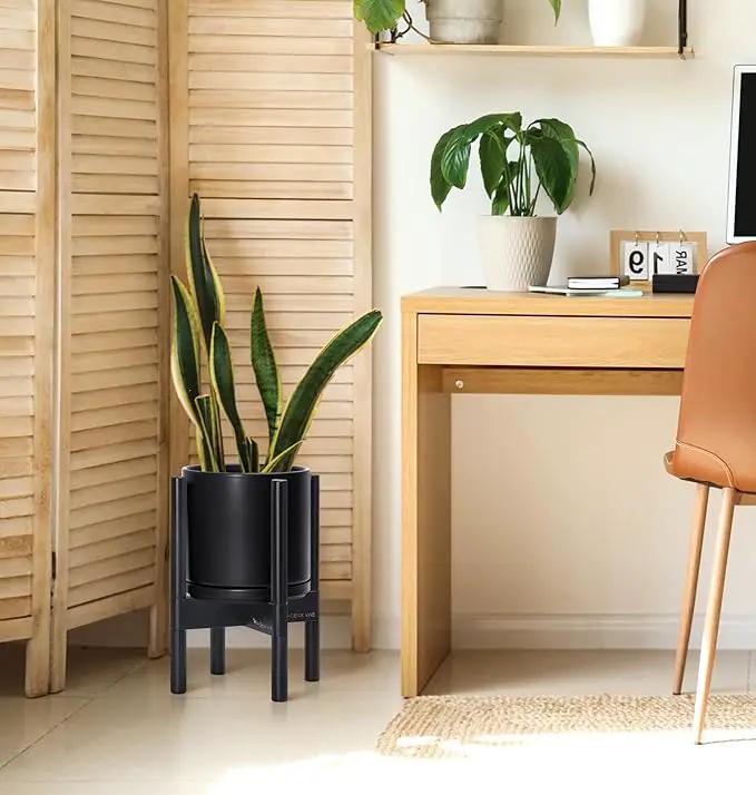 D'vine Dev Ceramic Planter with Ebony Stand - 8 Inch Modern Round Flower Pot with Wood Planter Holder, Black, 55-B-M-2 by GreenHaven Gardens