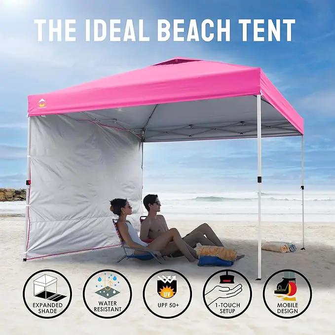 CROWN SHADES 10x10 Pop Up Canopy with 1 Side Wall - Beach Tent with One Push Setup - Outdoor Sun Shade for Events, Parties, Camping - Gazebo with STO-N-Go Cover Bag (Pink) by GreenHaven Gardens