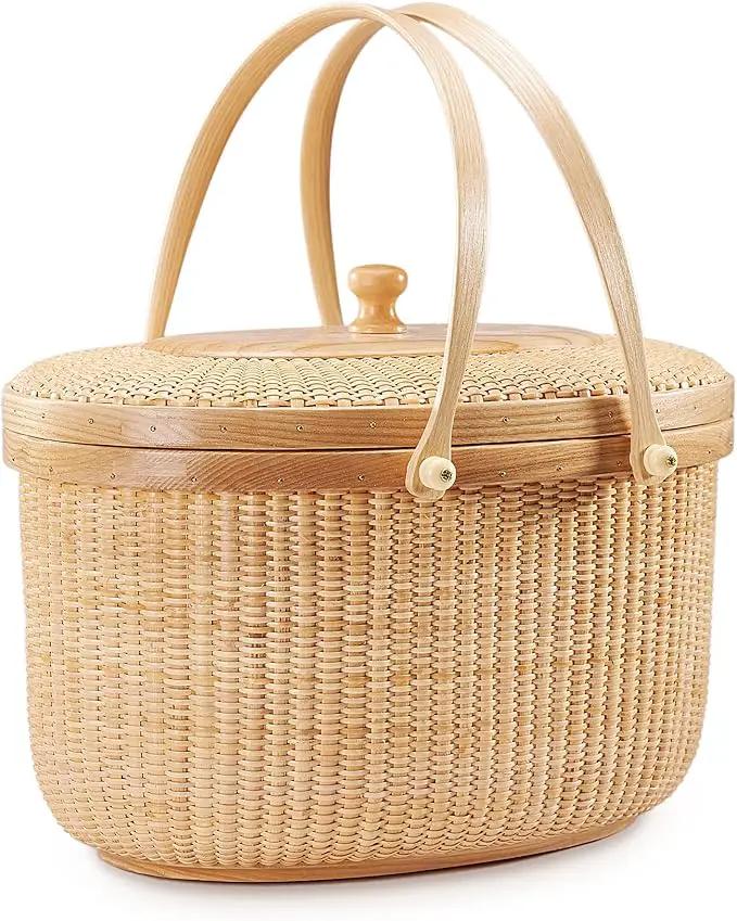 Nantucket style basket Picnic Basket rattan Handmade Products woven Sewing storage basket Two swing handles Tote Bag For Women by GreenHaven Gardens
