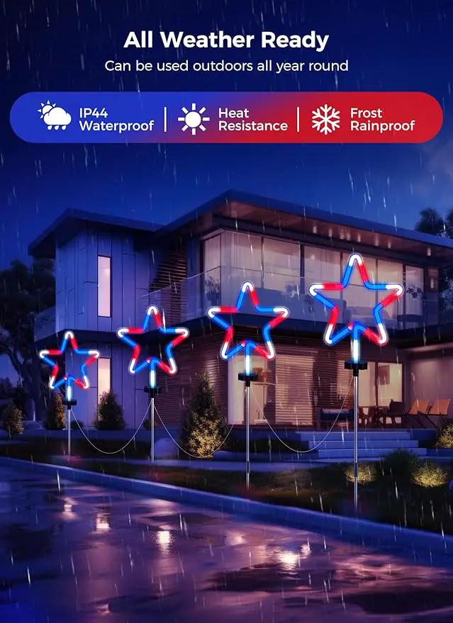 4th of July Decorations Outdoor Red White and Blue Lights, 4 Big Neon Star Pathway Lights Plug in for Independence Day Memorial Day Patriotic Decor Outside Garden Yard Lawn by GreenHaven Gardens