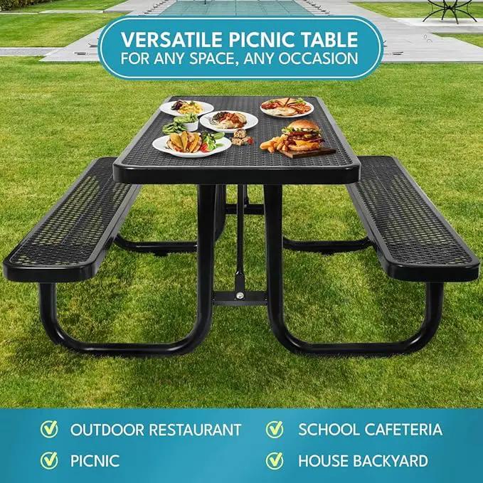 6 ft. Rectangular Outdoor Steel Picnic Table with Umbrella Pole, Heavy-Duty Weather-Resistant Dining Table for Patio, Backyard, and Garden, Rust-Resistant Finish, Black by GreenHaven Gardens