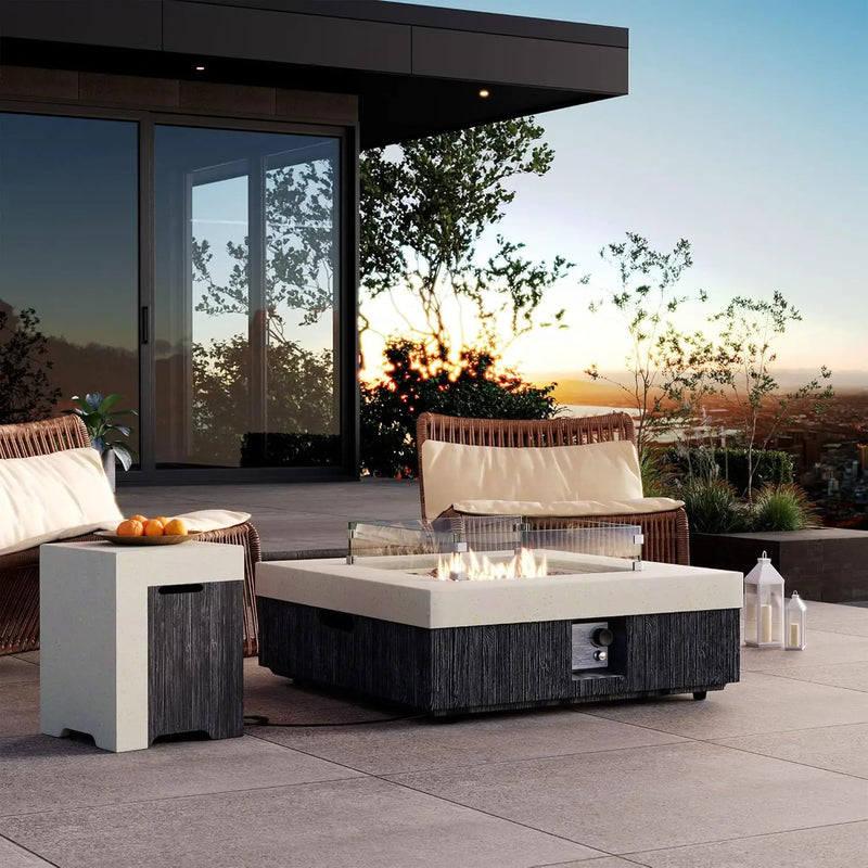 COSIEST 35" Outdoor Propane Fire Pit Table w Tank Cover & Wind Guard, Square Gas Fire Pit Table with Concrete & Wood Grain Design, 50000BTU CSA Certified Fire Tables for Patio, Backyard, Garden by GreenHaven Gardens