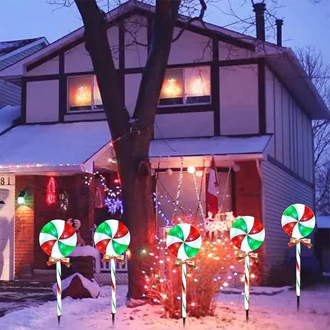 10 Packs Christmas Pathway Lollipop Lights with Bow Tie Solar Powered Outdoor Waterproof Xmas Candy Cane Path Landscape Decorative Stake Lights 2 Solar Panel + 10 Lights by GreenHaven Gardens