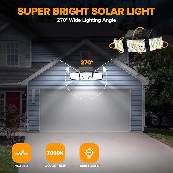 UME Solar Outdoor Lights 3000 Lumen 7000K, 152 LED Super Bright Motion Sensor Outdoor Lights with 2 Sensors, IP65 Waterproof 270 Wide Angle Solar Flood Lights with 3 Modes for Garden - 4 Pack by GreenHaven Gardens