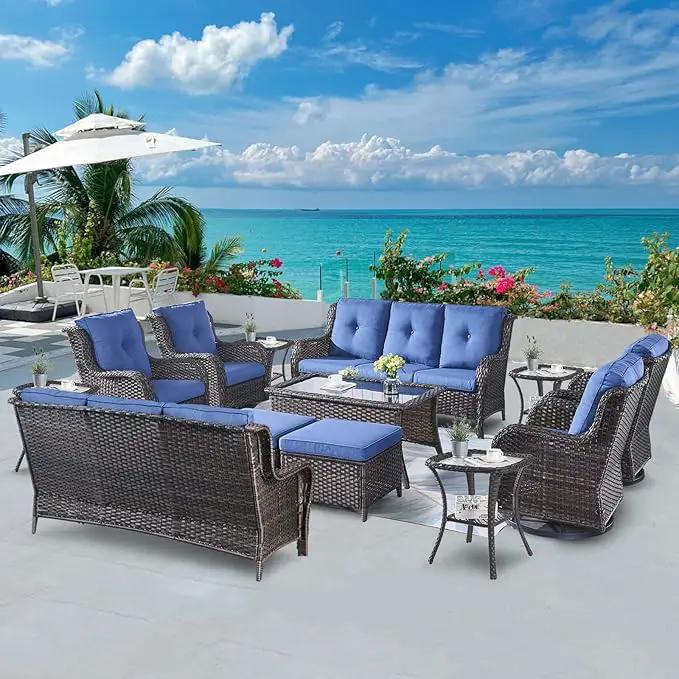 Wicker Patio Furniture Sets - 13 Piece Outdoor Rattan Furniture Conversation Sets with 4 Swivel Rocker Chairs, 2 Rattan Sofas, Wicker Ottomans and Coffee Table, Brown/Blue by GreenHaven Gardens