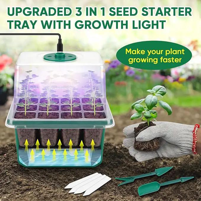 BlumWay Self-Watering Seed Starter Tray Kit with Grow Light and Humidity Dome,3 Color Growing Light,5-Pack 60-Cell Plant Seedling Tray,Reusable Plastic Germination Trays,Timed Light Plant Starter Set by GreenHaven Gardens