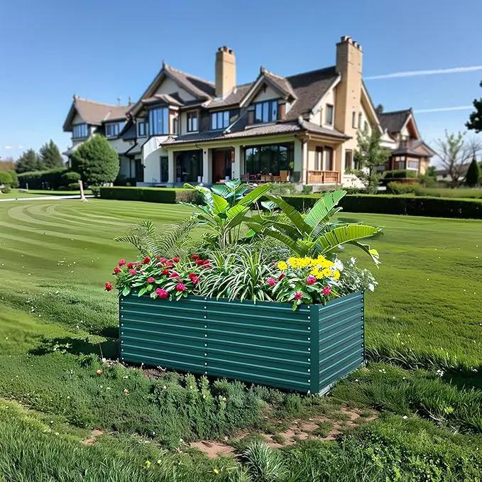 Raised Garden Bed Kit-6x3x2ft-Galvanized Steel-Ideal for Vegetables, Flowers, Herbs-Large Deep Root Planter Box-Tall Design-Includes 3ft x 30ft Weed Barrier Fabric and 1 Pair of Gloves-Green by GreenHaven Gardens
