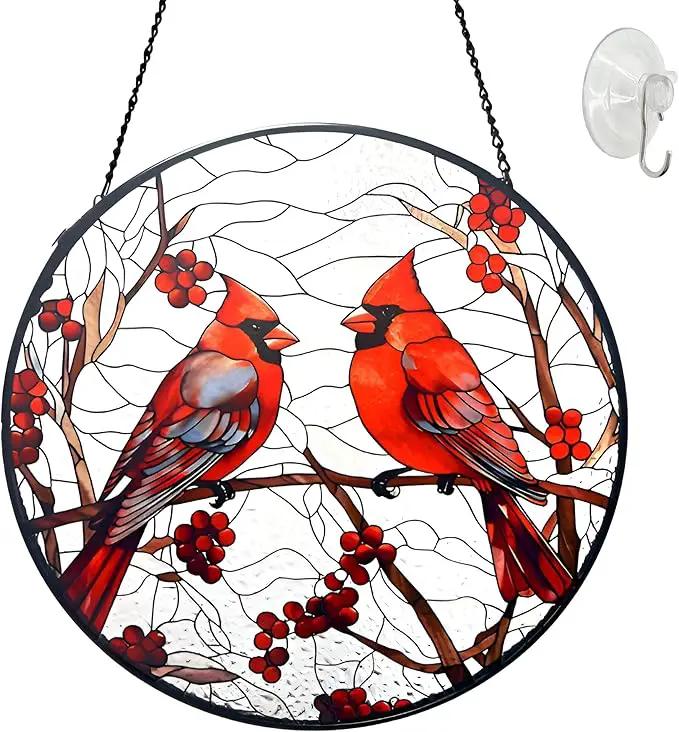 Cardinal Red Bird Suncatcher Stained Glass Suncatchers 7.87 Inch Stained Glass Ornament for Home Decor Indoor Wall Art for Christmas Day Valentine's Day Mother's Day Women by GreenHaven Gardens