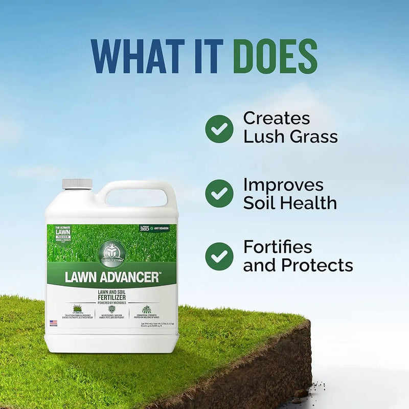 Turf Titan Lawn Advancer – Green Lawn Booster and Lawn Fertilizer (32 oz) – Fast Acting Grass Fertilizer w/Tri-Action Formula – Fertilizer Concentrate for Grass Growth - Covers up to 8,000 Sq F by GreenHaven Gardens