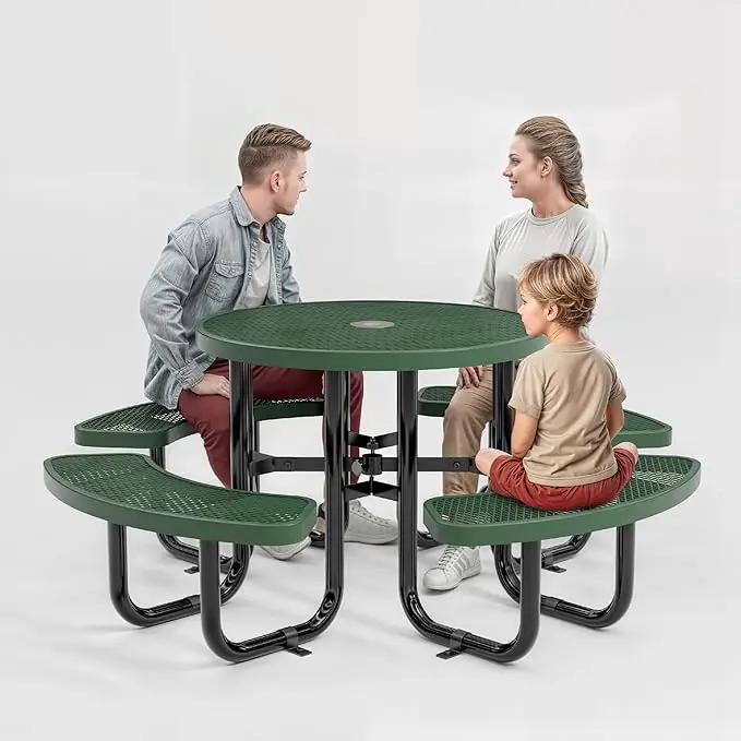 Metal Picnic Tables for Outdoors with Umbrella Hole - Coated Steel Heavy Duty Commercial Grade Table with Adjustable Seats (Green, 38 in, Round, Expanded Steel) by GreenHaven Gardens