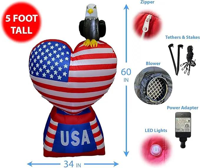 5 Foot Tall Patriotic Independence Day 4th of July Inflatable Love Heart with American Flag and Bald Eagle Pre-Lit LED Lights Outdoor Indoor Lawn Yard Holiday Decoration Blow up Home Garden Decor by GreenHaven Gardens