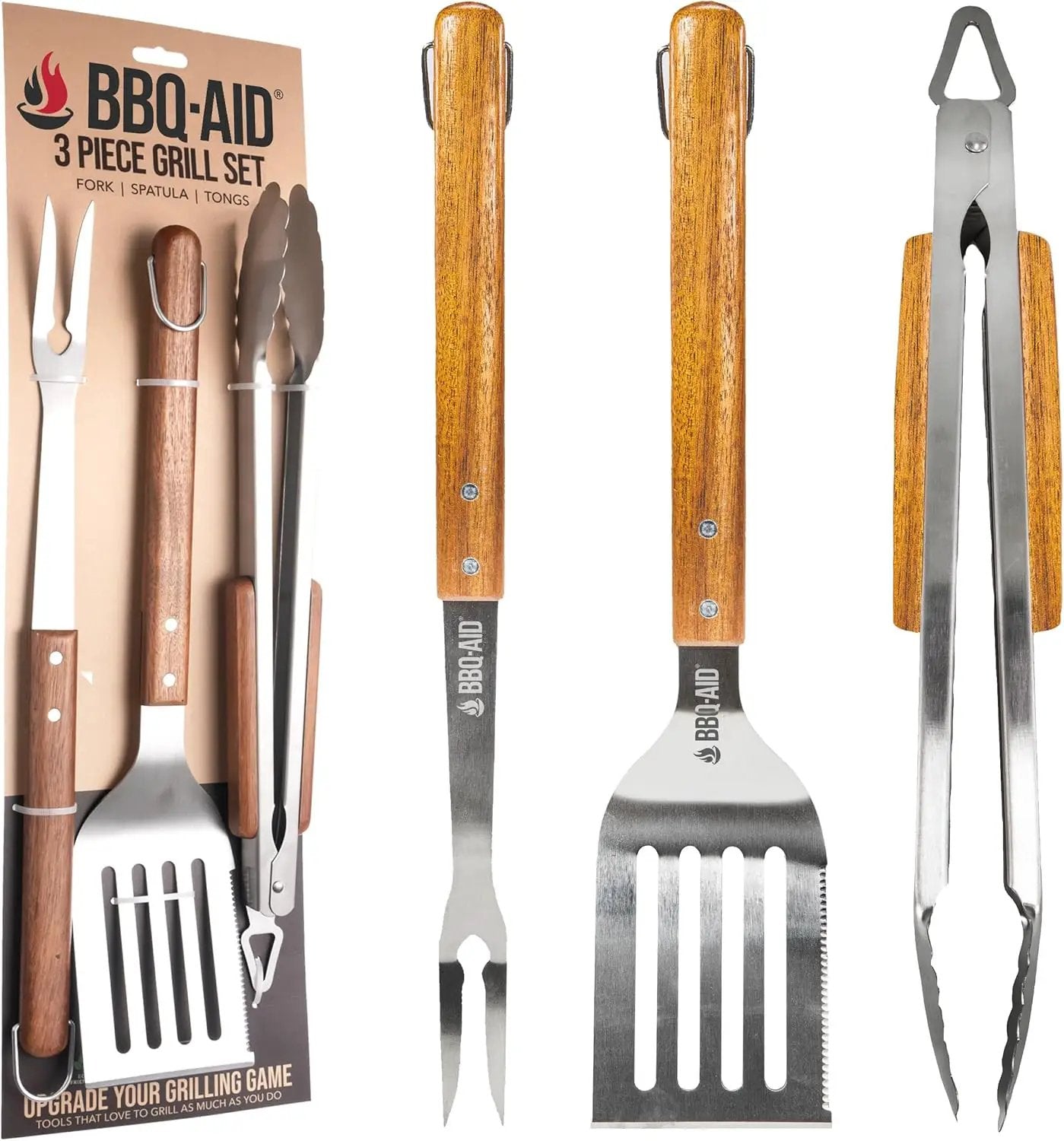 3 Piece BBQ Grilling Accessories Set - BBQ Tongs Spatula Fork Set - Heavy Duty Stainless Steel Barbecue Grill Tools with Solid Hard Wood Handles Great Gift Set by GreenHaven Gardens