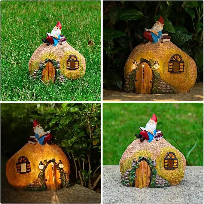mopha Garden House Statues, Funny Gnome Fairy Garden Lights Figurine,Resin Solar Powered Outdoor Decor Patio Yard Lawn Ornament Decoration by GreenHaven Gardens