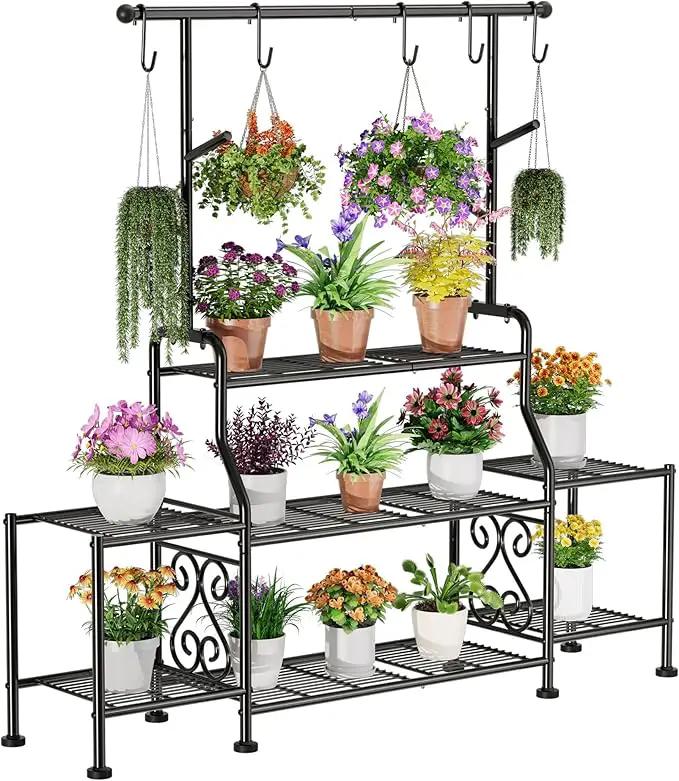 GIOTORENT 3-Tier Tall Metal Plant Stand Indoor Outdoor - Heavy Duty Plant Shelf for Garden, Patio, Balcony with 5 Hanging Hooks, Holds 16-25 Plants, Black by GreenHaven Gardens