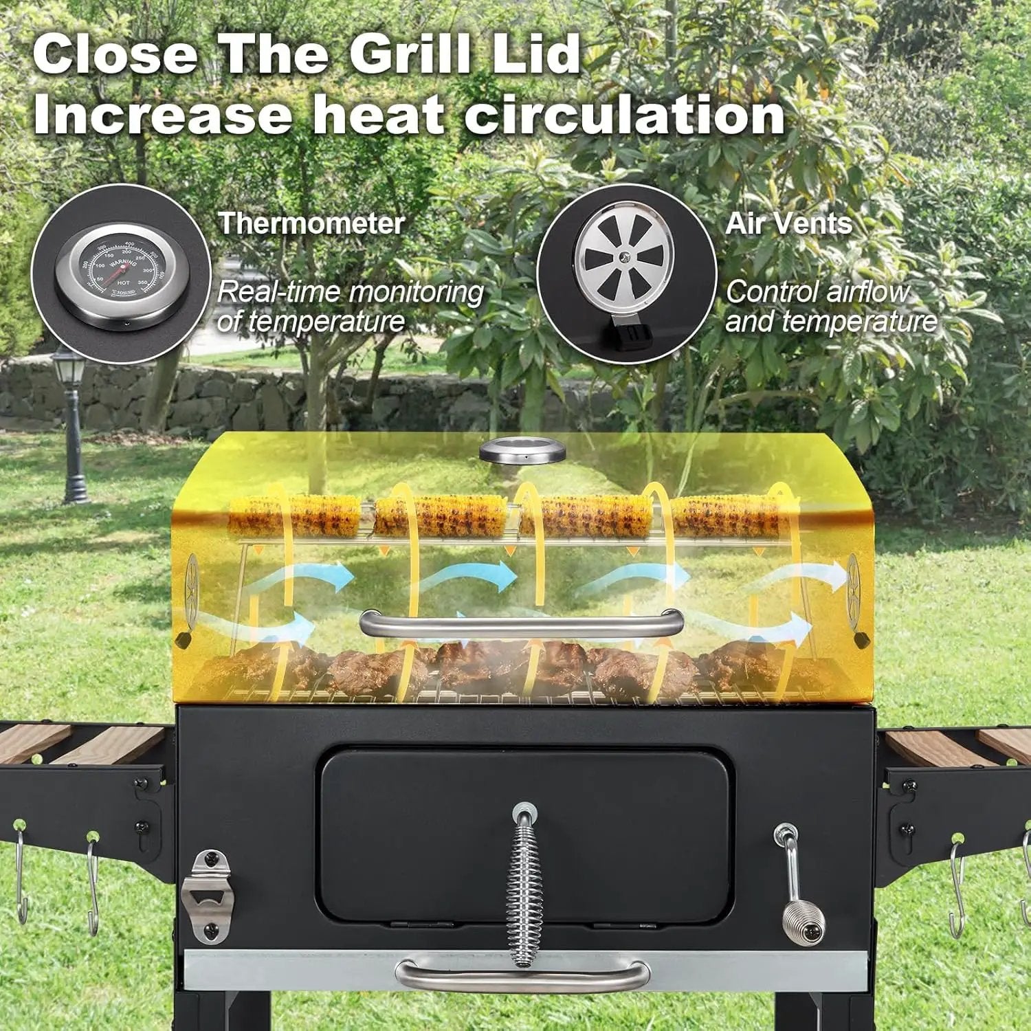 MELLCOM Charcoal Grill with Wood Foldable Side Table - 338 Sq.In BBQ Area with Individual Lifting Charcoal Trays & Thermometer, Movable Charcoal Grill for Outdoor Patio, Garden and Backyard by GreenHaven Gardens