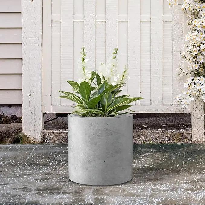 Kante 9.8" Dia Round Concrete Planter, Modern Style Large Cylindrical Plant Pot with Drainage Hole and Rubber Plug for Indoor Outdoor Patio, Natural Concrete by GreenHaven Gardens
