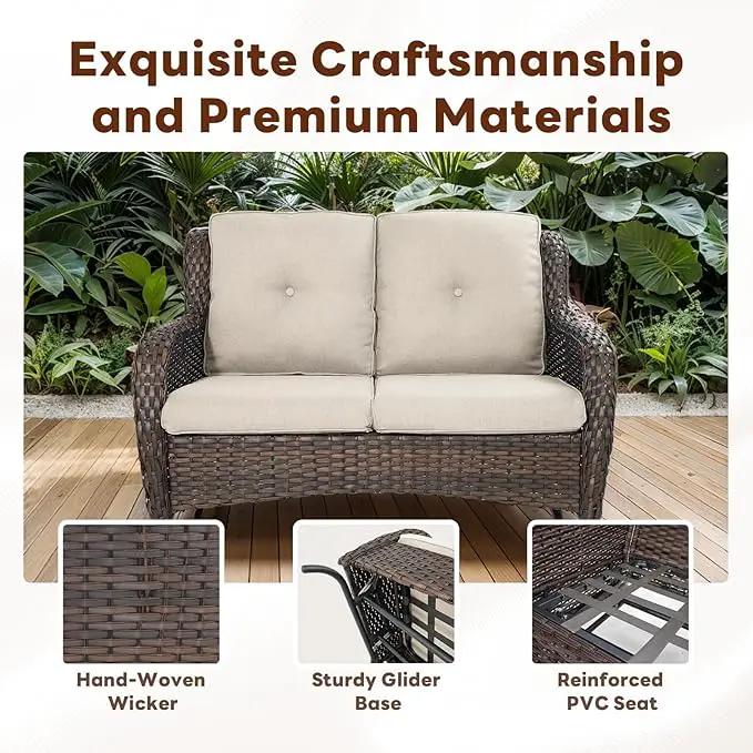 5 Piece Outdoor Patio Furniture Set - Outdoor Conversation Couch and Loveseat Glider Chair Furniture Set with Rattan Coffee Table for Deck Balcony Poolside Brown Wicker/Beige Cushions by GreenHaven Gardens