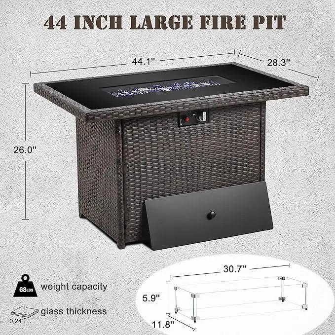 Propane Fire Pit Table,44 Inch 55000 BTU Outdoor Gas Fire Pit Rectangular with Glass Wind Guard for Outside Patio Deck (Brown-Glass Top) by GreenHaven Gardens