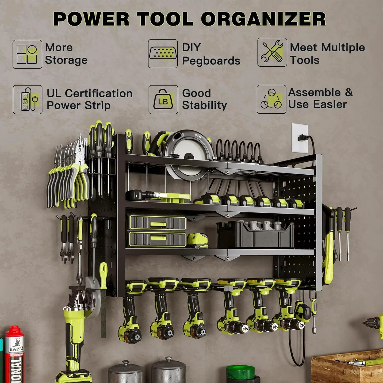 Power Tool Organizer Wall Mount with Charging Station 4 Layer 6 Slot Cordless Drill Holder with Angle Grinder Holder (Black) by GreenHaven Gardens