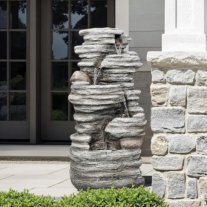 40" Outdoor Water Fountain with LED Lights - 5-Tier Cascading Rock Waterfall Fountain, Natural Rock Look, Ideal for Garden, Landscaping, Patio, Balconies and Yard Decor by GreenHaven Gardens