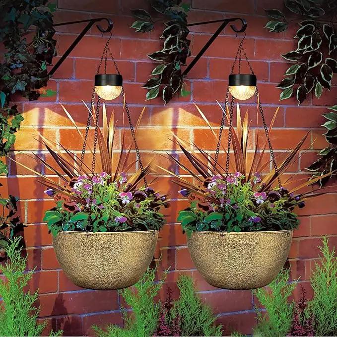 2 Packs Hanging Planters Basket for Outdoor Plants, Solar Powered Self Watering Copper Round Plastic Flower Pots with Drainer for Balcony Patio Garden Outdoor Decoration by GreenHaven Gardens