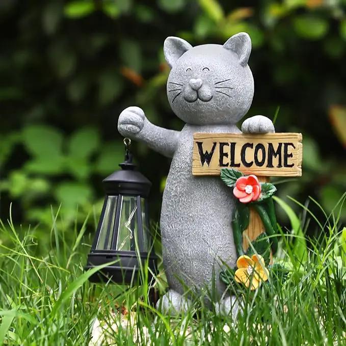 Json Garden Statue Solar Cat Figurine with Lantern, 10" Resin Kitten Outdoor Lawn Porch Yard Art, Lighted Christmas Birthday Gifts for Mom Grandma by GreenHaven Gardens