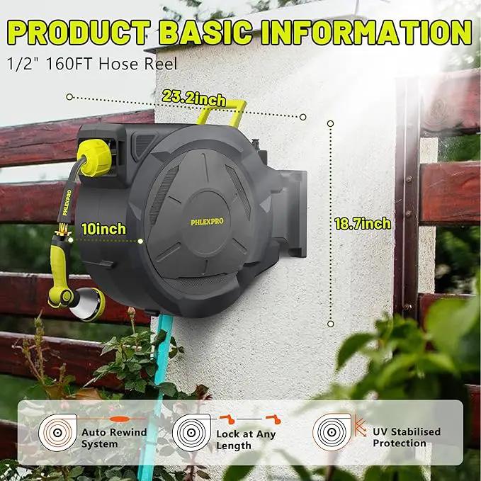 Retractable Garden Hose Reel 160Ft Extra Long, PHLEX PRO Heavy Duty Automatic Water Hose Reel Wall Mounted with 10 Pattern Nozzle, Any Length Lock, Slow Return System, 180°Swivel Bracket by GreenHaven Gardens