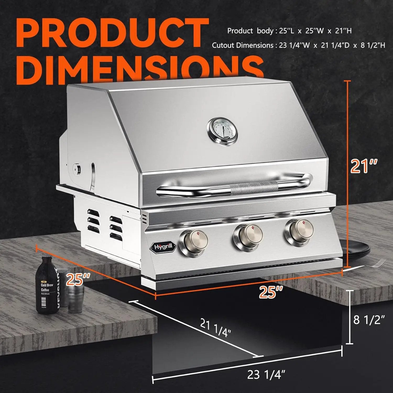 Hygrill Heavy Duty 3-Burner Built In Grill, Stainless Steel Grill Head for Outdoor Kitchen, Natural Gas by GreenHaven Gardens