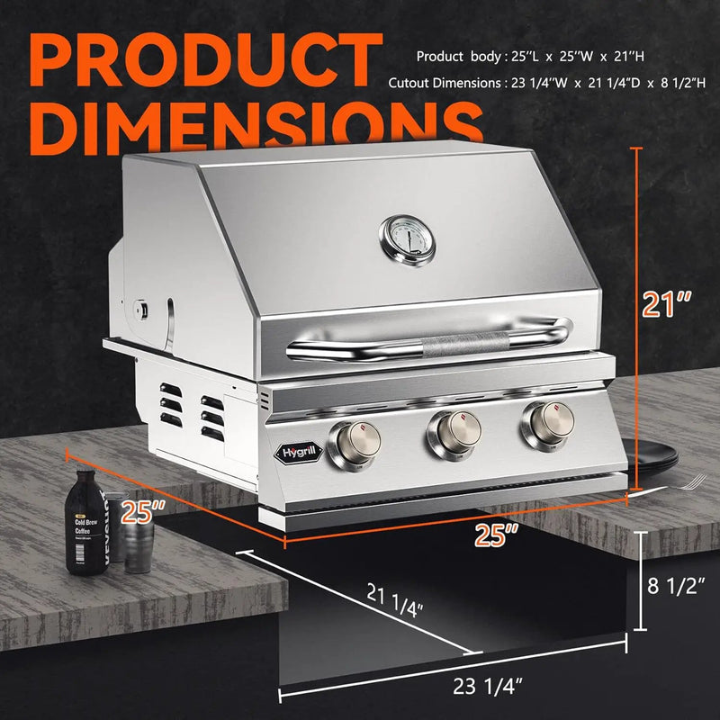 Hygrill Heavy Duty 3-Burner Built In Grill, Stainless Steel Grill Head for Outdoor Kitchen, Natural Gas by GreenHaven Gardens
