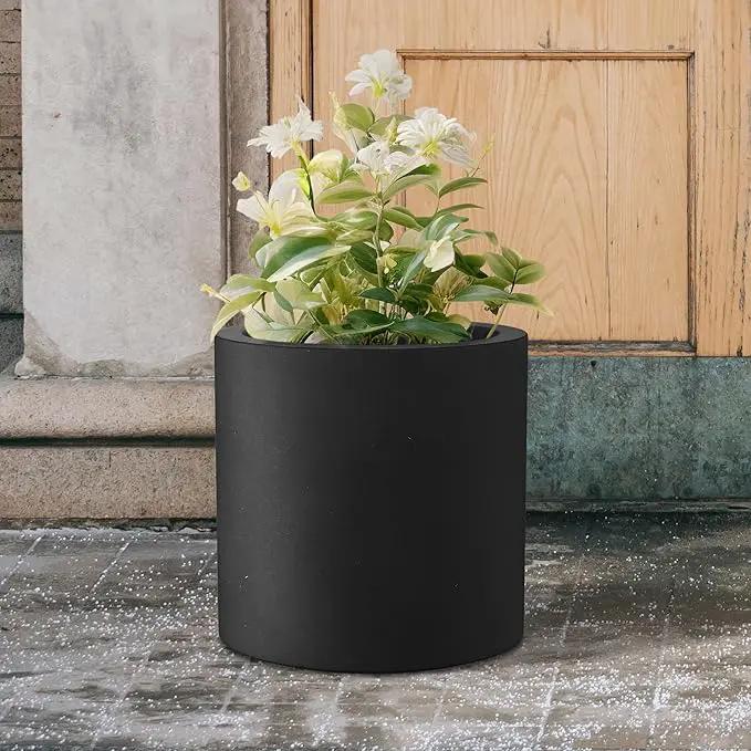 Kante 15.7" Dia Round Concrete Planter, Modern Style Large Cylindrical Plant Pot with Drainage Hole and Rubber Plug for Indoor Outdoor Patio, Black by GreenHaven Gardens