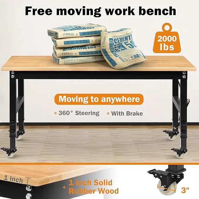 60" Adjustable Workbench for Garage, Rubber Wood Heavy Duty Workstation with Power Outlets & Wheels, 2000 LBS Load Capacity Hardwood Worktable for Workshop, Garage, Office, Home, Commercial by GreenHaven Gardens