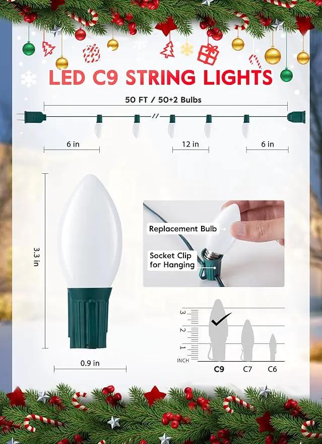 Vintage C9 LED Christmas Lights Outdoor, 50 Feet C9 String Lights with 50 Shatterproof Matte Bulbs, Connectable Waterproof Lights for Holiday Party Roofline Backyard Garden Patio, Pure White by GreenHaven Gardens