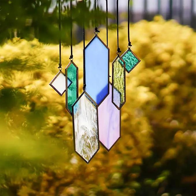 HDCRYSTALGIFTS Stained Glass Window Hanging Suncatchers - 7 Pieces Handcrafted Element Earth Tones Set,Modern Blue Wall Art Sun Catchers Indoor Window Glass Decor Gifts for Mom,Grandma by GreenHaven Gardens
