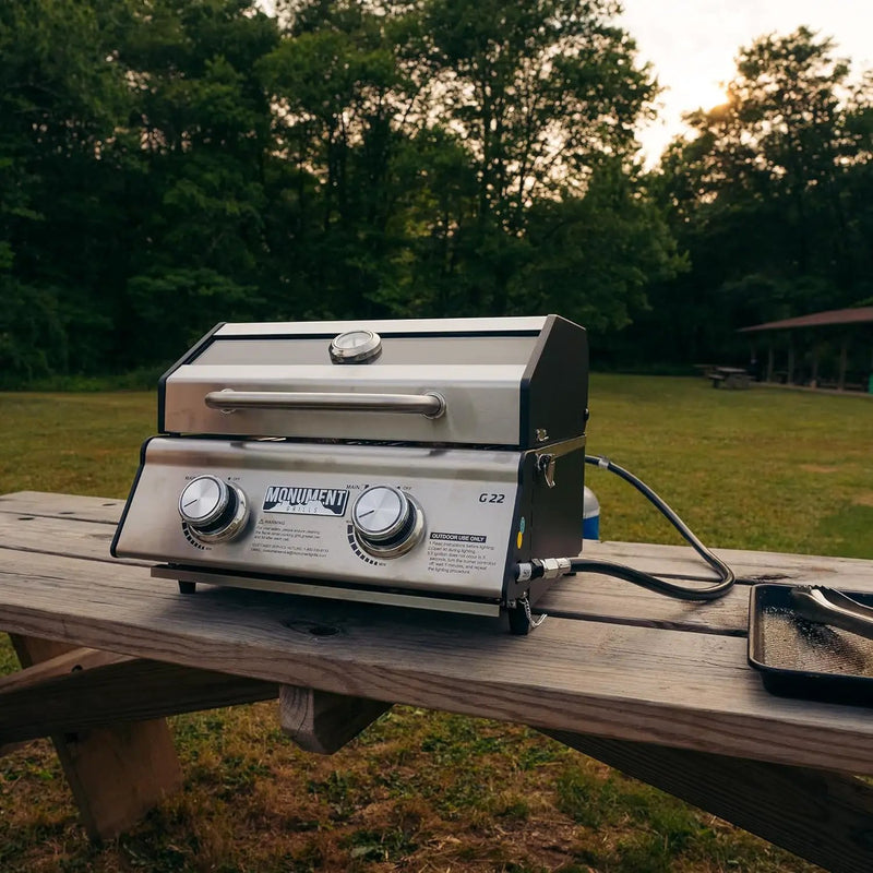 Portable Propane Gas Grill 2-Burner Tabletop Clearview® Monument Grills for Outdoor Camping Cooking, Two 15,000 BTU Burners, Stainless Steel, and Built-in Thermometer by GreenHaven Gardens